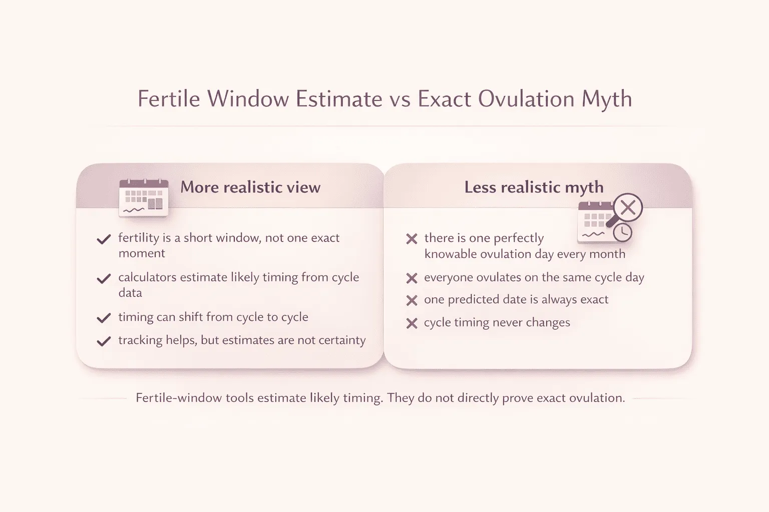Comparison infographic showing fertile window estimate versus the myth of one exact ovulation day