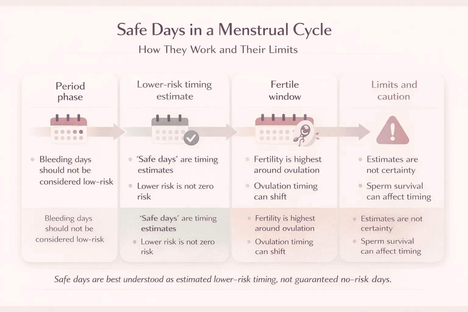 Infographic showing how safe days are estimated in the menstrual cycle and why they have important limits