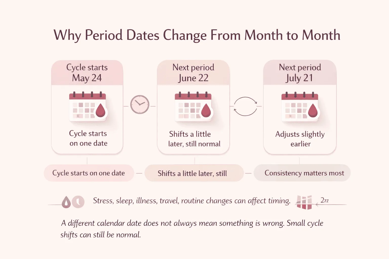 Infographic showing why period dates can shift from month to month because cycle timing is not always exactly the same